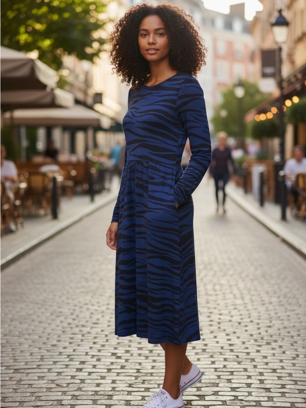 Boden Blue Zebra Print Long Sleeve Midi Dress Pockets US 10L UK 14L